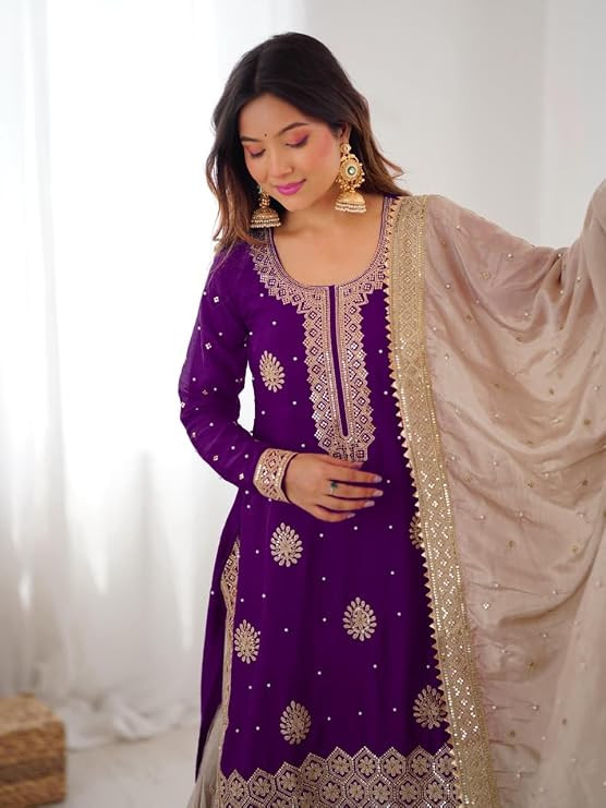 TA Women's Embroidered Sharara Suit, Gold Embroidery, Georgette, 3 Piece Set with Dupatta