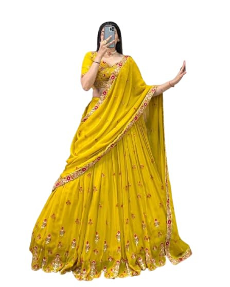 TA Yellow Embroidered Lehenga Choli with Dupatta, Floral Design