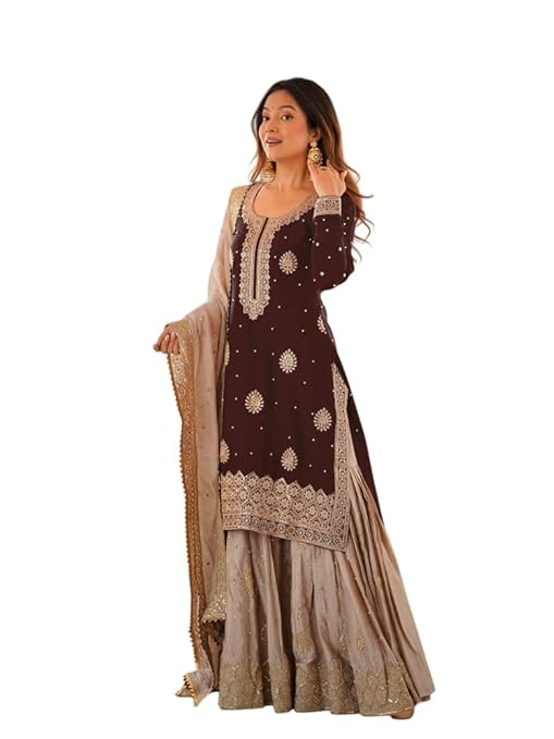 TA Women's Embroidered Sharara Suit, Gold Embroidery, Georgette, 3 Piece Set with Dupatta