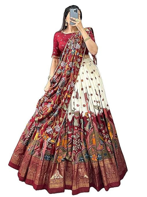 TA Women's Trending Designeer Tussar Silk Lehenga Choli Print with Foil Work With Unstitched Blouse Patola Print Adorned with Foil Work For Navrati || Wedding