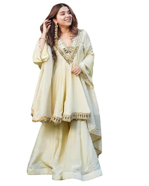 TA Women’s Off White Embroidered Sharara Suit Set – Chanderi Silk Kurta with Dupatta | Ready-to-Wear Wedding & Festive Ethnic Outfit