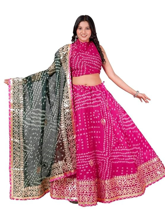 TA Traditional Ethnic Kota Doria Bandhani Lehenga Choli Set for Wedding and Ethnic FestivalEmbroidered Gota Patti Border Readymade Lehenga Chunni Set with Running Blouse