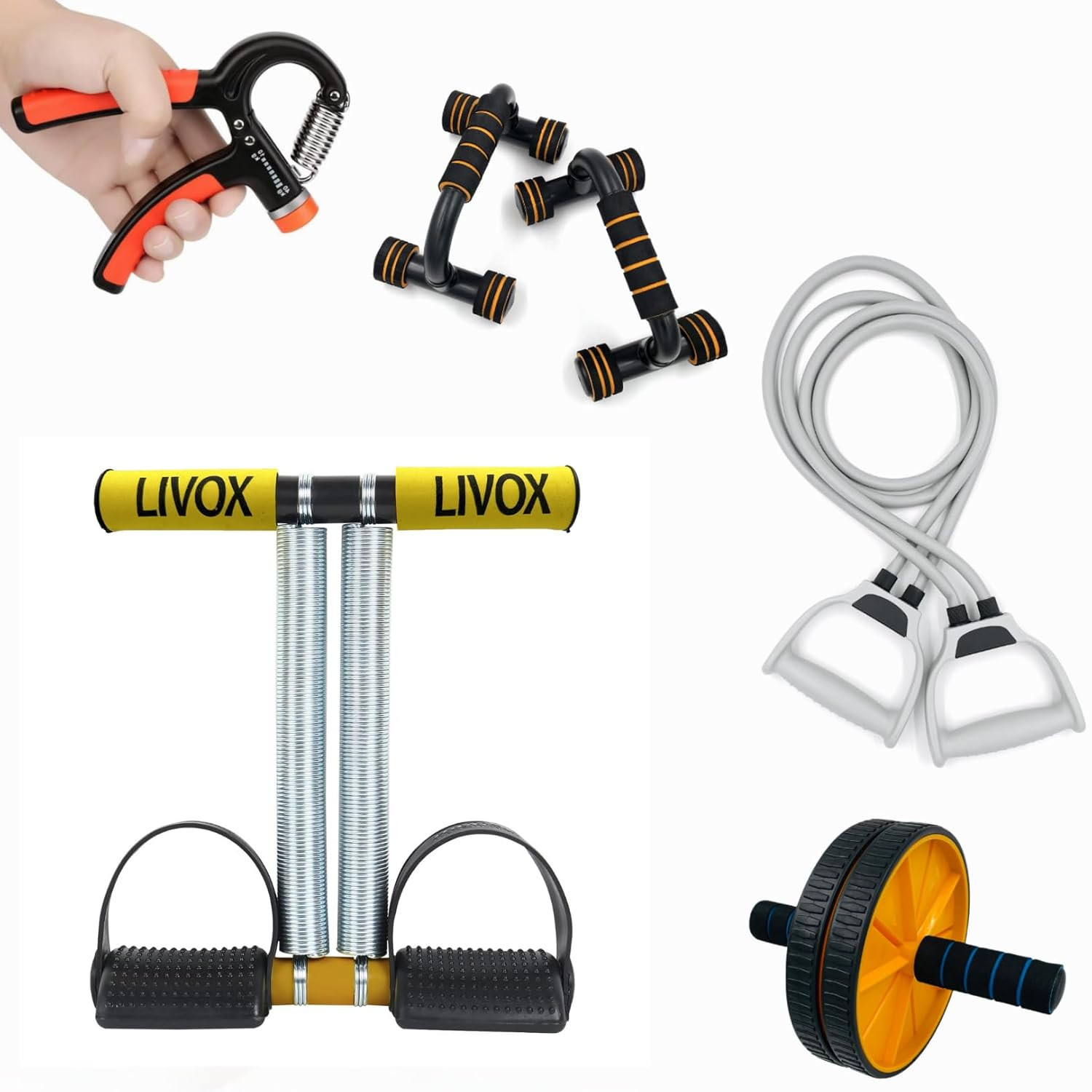 TA LIVOX Gym Equipment Set for Home Workout Combo Men Women Exercise Gym Kit – Includes Item (Push up bar,Toning tube-Tummy Trimmer-Ab roller-R hand grip)