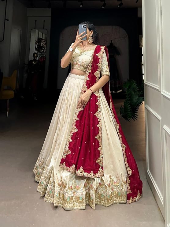 TA Women's Chinnon Traditional Motiff Semi-Stitched Lehenga Choli With Dupatta Set white/red