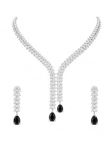 TA Luxury Necklace and Earrings Set for Women – Silver Plated Diamond-Style Bridal Jewellry Set – Elegant Wedding, statement necklace set, occasional Jewellery for girls, American Diamond Artificial Jewellery