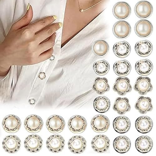 TA  30 Pcs Pearl & Diamond Brooch Button Pins for Women – No-Sew Shirt Button Covers – Decorative Mini Brooch for Sarees, Dresses, Cardigans, Shirts & Bags – DIY Craft Accessories, Quick Styling Fix