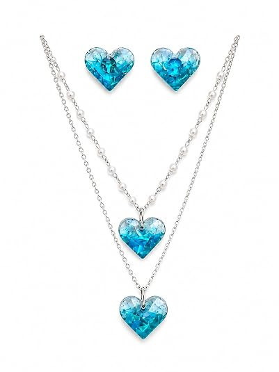 TA Blue Heart Pendant Necklace and Stud Earrings Set for Women | Handmade, Artificial Jewellery, Girls, Jewellery Set