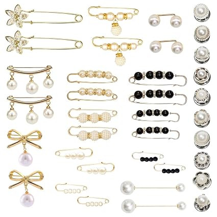 TA 36Pcs Jeans Tightening Clips Pearl Saree Pin for Pleats Metal Brooch Buttons Anti Exposure Neckline Safety Pins for Clothing, Dress, Pants,Skirt,Sweater, Shawl,Party Decorations