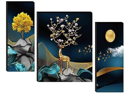 TA Nature Wall Decor 3 Panels Painting, Abstract Deer Wall Art in Golden Blue Theme, 3D Animal Artwork Print for Living Room, Bedroom & Office (Moonlight)