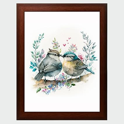 TA Love Birds Painting Digital Reprint Trendy Fancy Room Home Office Wall Art With Brown Frame (10Inches X 13.5Inches)
