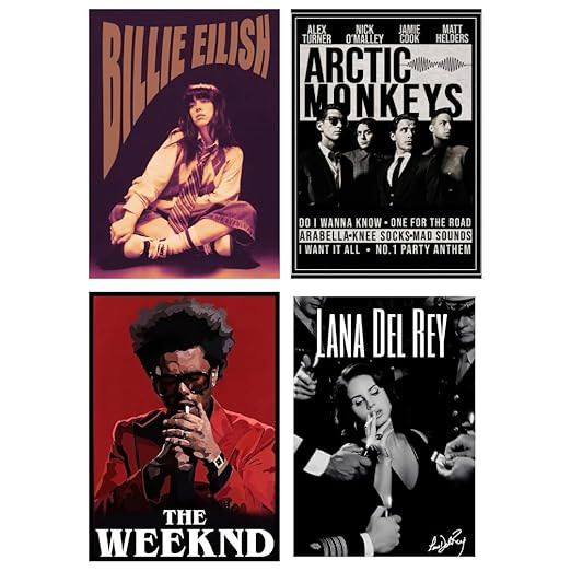 TA Aesthetic Grunge Music Posters for Room and Hostel Decor - Set of 4 Unframed Wall Posters The Weeknd, Billie Eilish, Arctic Monkeys, Lana Del Rey 9X12 inches