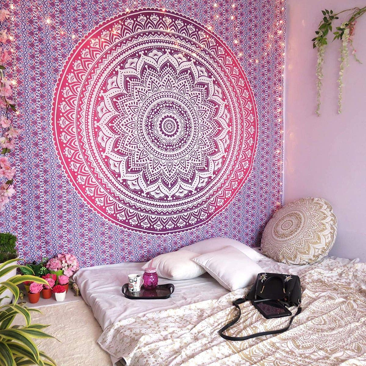 TA DRAVY HANDICRAFTS Tapestry Mandala Ombre Tapestry Wall Hanging Bedsheet Cotton Bedsheet Wall Tapestry Bed Wall Hanging Tapestry (Purple, Queen (100x90 Inches))