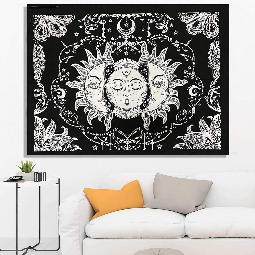 TA VKMarotia Cotton Psychedelic Multi Sun Moon Tie Dye Mandala Tapestry Hippie Hippy Celestial Wall Hanging Bohemian Tapestries (Black&White-2, Poster)