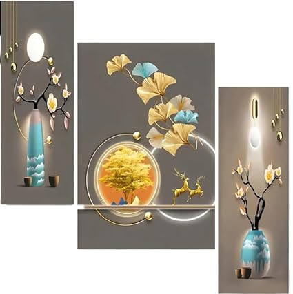TA Nature Wall Decor 3 Panels Painting, Abstract Deer Wall Art in Golden Blue Theme, 3D Animal Artwork Print for Living Room, Bedroom & Office (Wall Art)