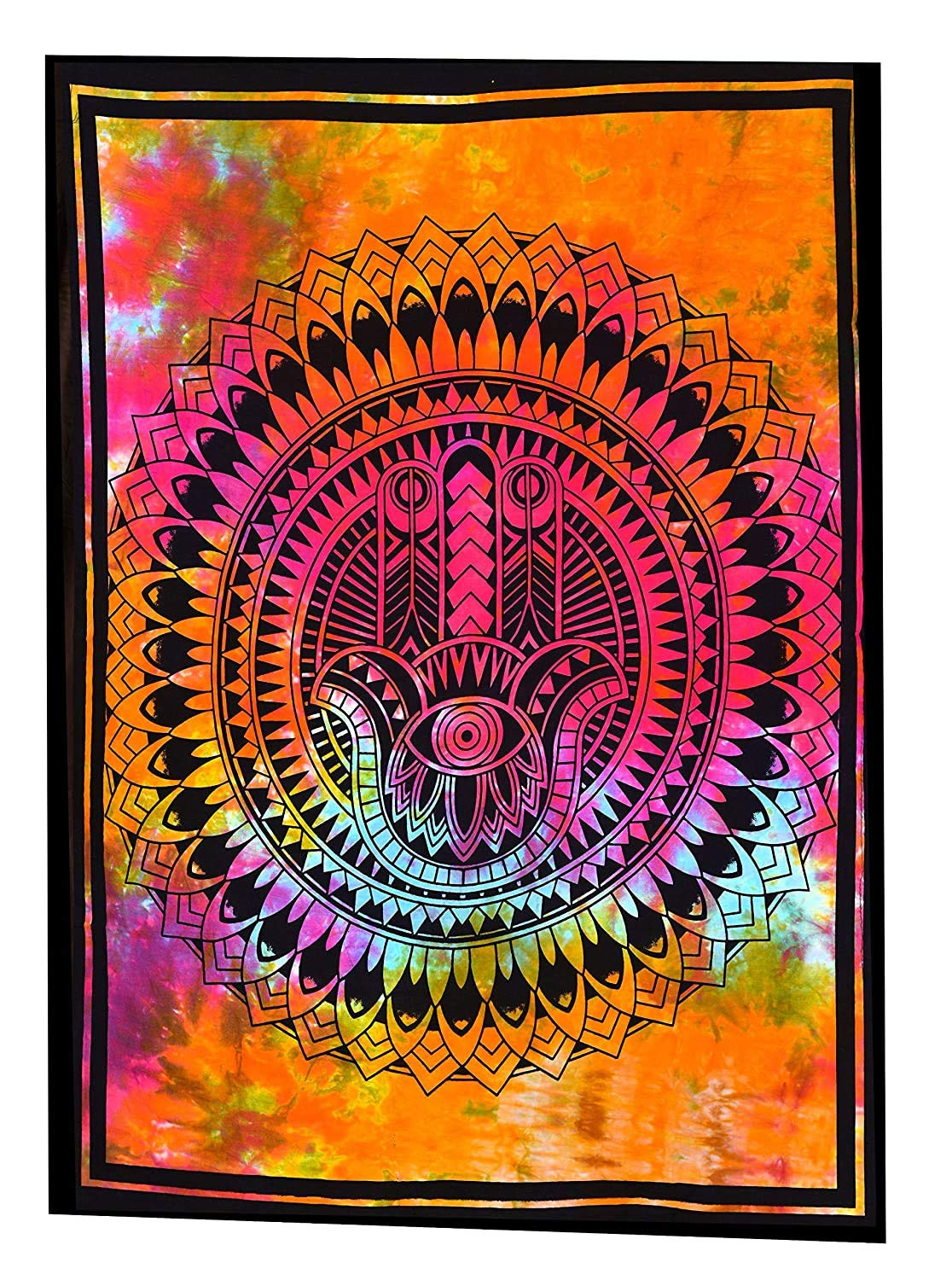 TA Om Export Hamsa Fatima Hand Tie Dye Mandala Tapestry Hippie Hippy Wall Hanging Indian Bohemian Tapestries Outdoor Picnic Yoga Mat Tapestry (Multi Color)