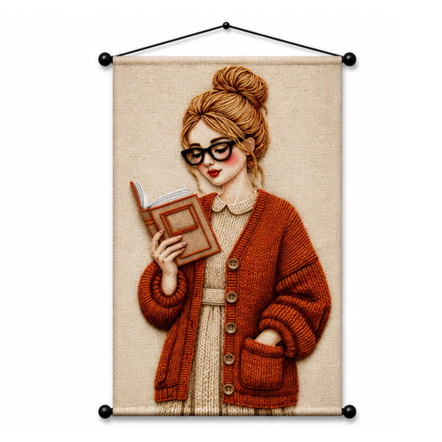 TA Adorvue Aesthetic Girl Tapestry Wall Hanging for Bedroom & Living Room | Cozy Reading Girl Wall Decor with Knitted Sweater Design | Book Lover Fabric Tapestry for Home, Study & Boho Room Decor 18x34 Inch