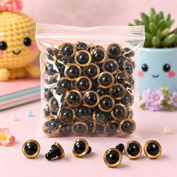 TA 15mm Plastic Safety Eyes for Soft Toys & Amigurumi – Golden Border Black Eyes – 25 Pieces/Packet – Craft & Doll Making Accessories Animal Puppet Toys Crafts DIY Making Collections