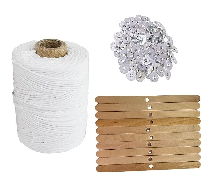 TA Candle Wicks for Candle Making – Wick Roll with 150 Metal Sustainers & 10 Wooden Wick Holders | Candle Making Material