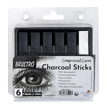 TA BRUSTRO  Artist Compressed Carre Charcoal Sticks - Set of 6 (5 Black & 1 White Stick) | Ideal for Portrait Charcoal Art, Sketching, Shading, Blending, Drawing, Craft, Professional use.