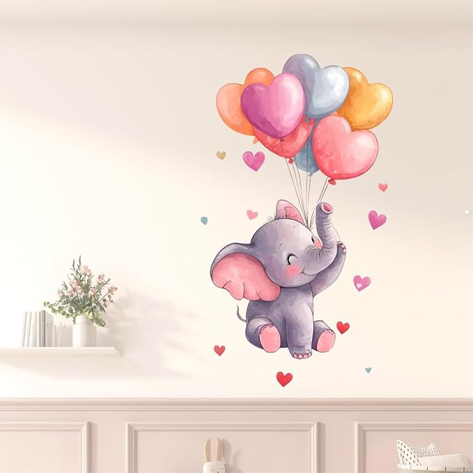 TA  Cute Baby Elephant Wall Sticker with Heart Balloons 40 x 55 cm | Watercolor Animal Nursery Wall Decal | PVC Self Adhesive Removable Wall Sticker for Kids Room, Baby Nursery, Playroom