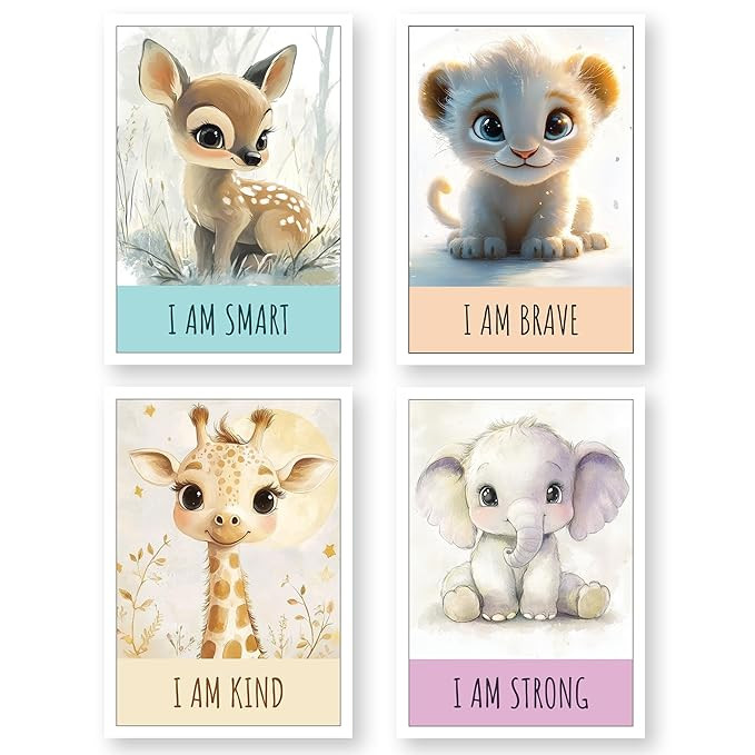 TA  Kids Room Sticker Inspirational Animal Nursery Sticker, Smart, Brave, Kind, Strong, Quotes, Watercolor Safari Animals, 8.2x11.5 Inches, Set of 4, Kids Room Decor
