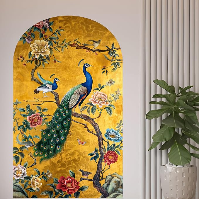 Premium Canvas Fabric Peacock Wallpaper - Royal Golden Arch Floral Wall Mural for Living Room, Bedroom & Luxury Interiors (Non-Adhesive, 2x4 Feet)