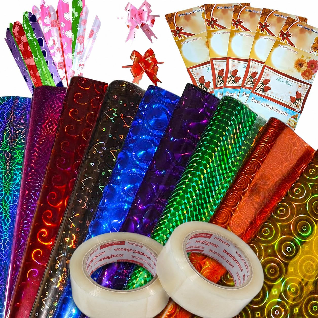 TA Metallic Gift Wrapping Paper Roll Combo Pack of 25 | Foil Gift Wrap Set with 2 Cello Tape, Decorative Stickers, Artificial Flowers & Ribbons for Birthday Wedding Gifts (Multicolor Kit)