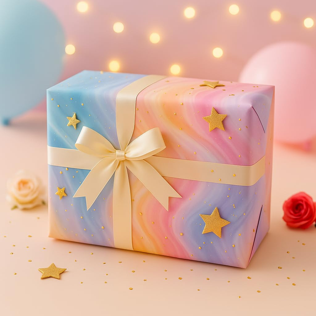 TA Pack of 20 Pastel Star Gift Wrapping Paper Sheets with 20 Name Tags & 20 Ribbons – WYOG Premium Large Size Gift Paper for Birthday, Kids & Festive Gifting