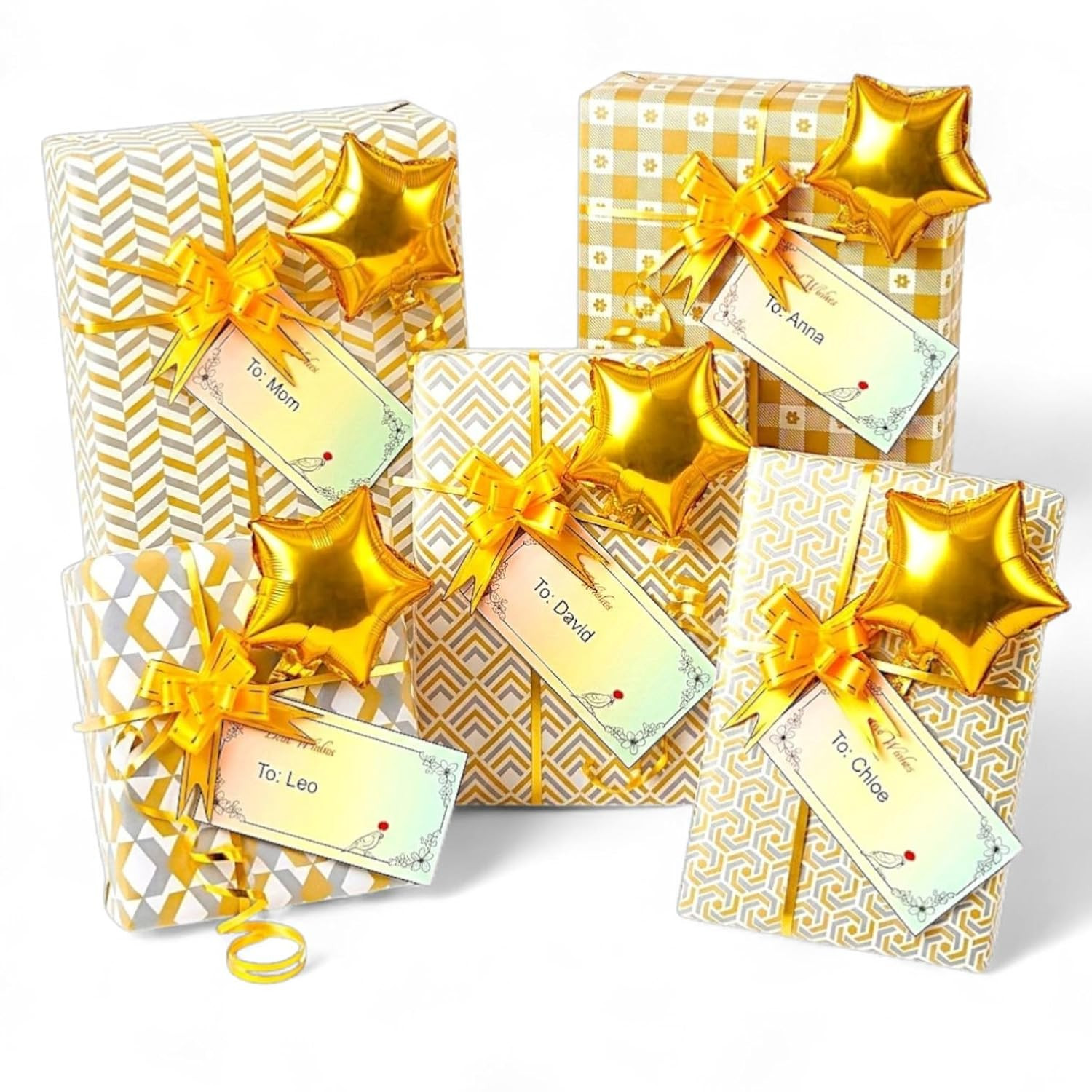 TA PartyBay Gift Wrapping Paper 19 x 28 inch Set of 27pcs – Includes 5 packing Papers, Gold Ribbons, Name Stickers & Gold Star Foil Balloons | For Birthday, Return Gifts gifting
