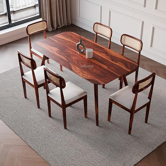 TA Solid Wood 6 Seater Dining Table Set with Cane Back Chairs | Modern Wooden Dining Set for 6 with Cushioned Seats | Premium Dining Furniture for Home, Kitchen & Dining Room (Honey Finish)