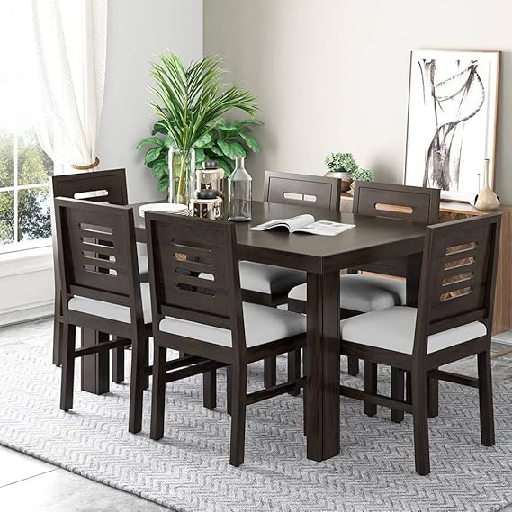 TA Solid Sheesham Wood Dining Set | Wooden Dining Table Set with Chairs | for Homes, Office, Living Room, Hotels & Restaurant (Walnut Finish White Cushion, 6 Seater)