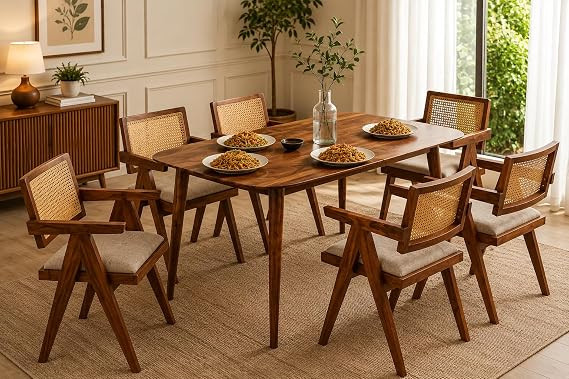TA Solid Sheesham Wood 6 Seater Dining Table Set with Cane Back Chairs with Cushions for Dining Room | Living Room | Home & Office | Hotels Restaurant & Cafe (Honey Finish) (150 cm x 90 cm)