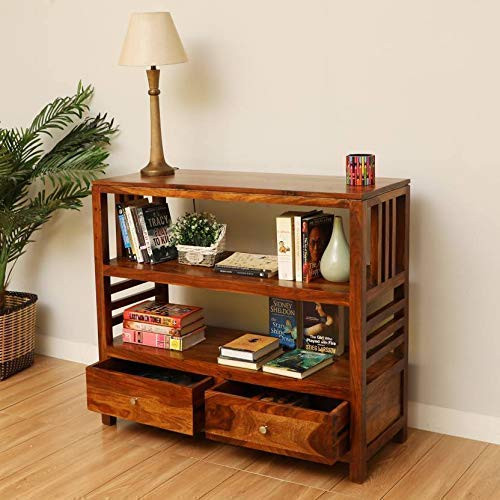 TA Solid Sheesham Wood Console Table with 2 Drawers & 2 Open Shelf | Wooden Bookshelf Entryway Table for Living Room, Hallway & Bedroom | Fish Tank Display Table for Home Decor | Honey Finish