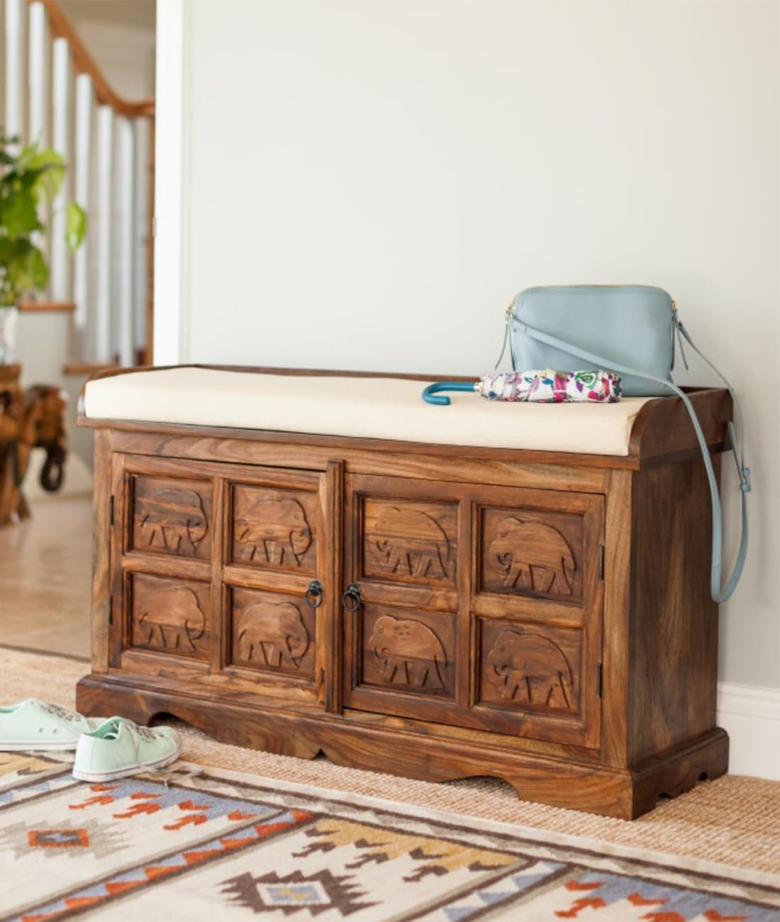 TA  ANGEL FURNITURE Sheesham Wood Hallway Shoerack Storage Seat | Shoe Stand | Shoe Cabinet (Honey Finish, Gajraj)