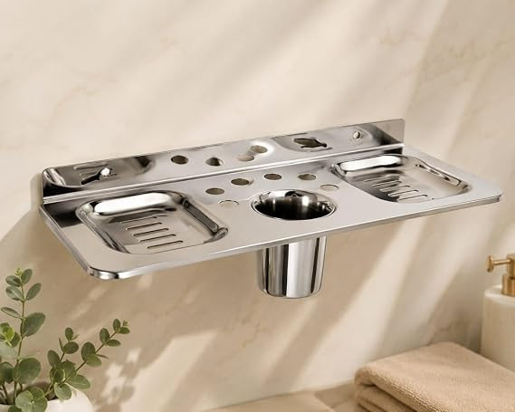 TA Premium Stainless Steel Wall Mounted Bathroom Shelf with 2 Soap Dishes & Tumbler Holder | Rust Proof Bathroom Organizer Rack | Heavy Duty Multipurpose Bathroom Accessories Shelf | Mirror Finish