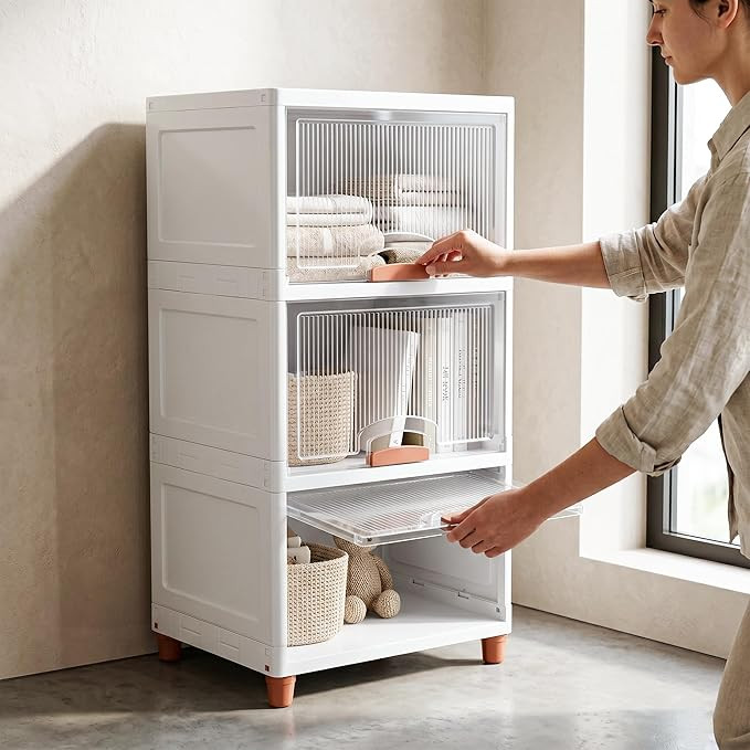 TA  3 Tier Cupboard for Storage/Stackable Plastic Storage Cabinet/Foldable Wardrobe for Clothes/Multipurpose Storage Organizer/Closet for Bedroom/Living Room/Kitchen (Transparent & White)