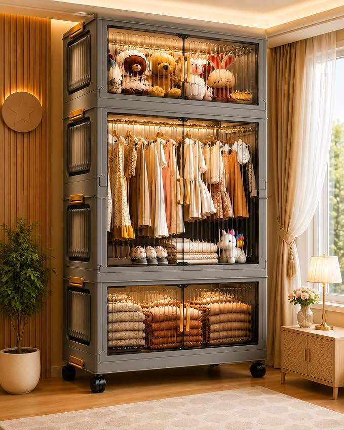 TA  Plastic Wardrobe for Cloths | 3 Layer Stackable Almirah with Hanging Rod, Transparent Doors, Wheels | Foldable Storage Cabinet Organizer for Clothes/Books/Toys