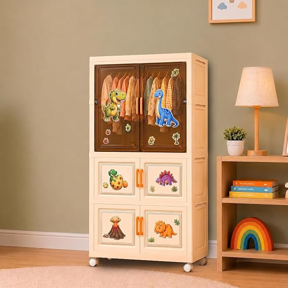 TA Kids Plastic Wardrobe Cabinet with Wheels – Dinosaur Stickers