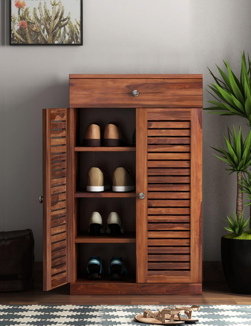 TA TGF Furniture Store Wooden Shoe Cabinet with Louvered Doors – 4 Adjustable Shelves & Top Drawer, Compact Storage Unit for Entryway or Hallway, Walnut Finish