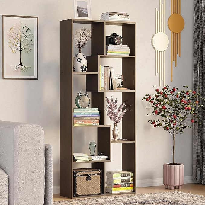 TA   8-Shelf Modern Engineered Wood Bookcase with Storage, Display Rack & Open Bookcase–Versatile DIY Bookshelf for LivingRoom, Bedroom,Office,Study,Hallway – Wenge Finish, 164 x 24 x 70 cm (MR-004)