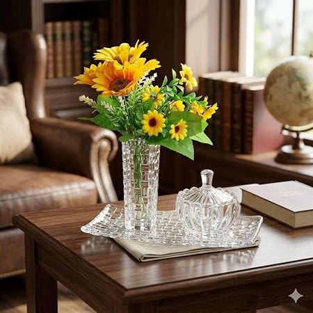 TA Decorative Glass Tray Vase & Candy Jar Combo with Artificial Sunflower Bunch – Crystal Flower Vase Candy Storage Jar & Diamond Tray Set for Home Table Decor | Export Quality