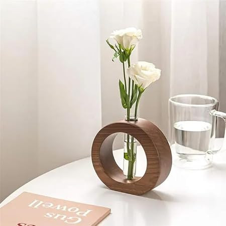 TA Wooden 1 Glass Test Tube Home Decor Planter Modern Flower Vase with Wood Stand Plant Propagation (17x12.5) cm