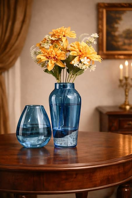 TA Glass Flower Pot | Crystal Clear Vase | Modern Luster Decor | Indoor Plant Jar | Living Room Table Accent | Office Cafe Display | Decorative Home Vase (Blue)