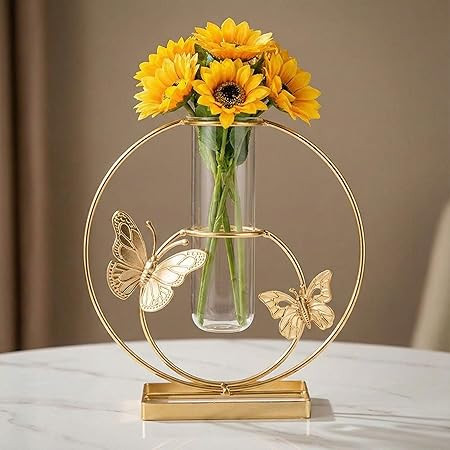 TA Metal Decorative Vase | 20 x 20 cm | Gold Finish | Premium Tabletop Vase for Living Room, Kitchen & Dining Table | Modern Home Décor Accent & Elegant Gifting Item