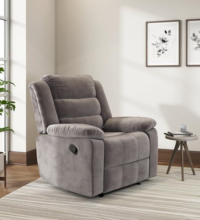 TA Velvet Fabric Manual Recliner | 1 Seater Sofa | Single Sofa Recliner | Finish Color - Brown
