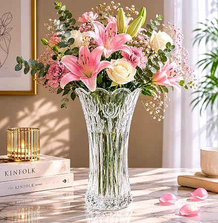 TA Premium Crystal Glass Flower Vase for Home Decor | Decorative Tulip Design Transparent Flower Vase | Center Table, Living Room, Office & Wedding Decoration | 9.5 Inch