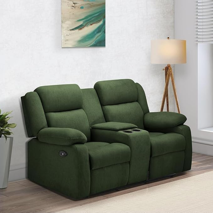 TA Avalon Twin - 2 Seater Motorized Premium Fabric Recliner Sofa | Zero Wall Mechanism | Dual Cup Holders | One-Touch Power Control | Plush Comfort Design | 3 Years Warranty - Sap Green