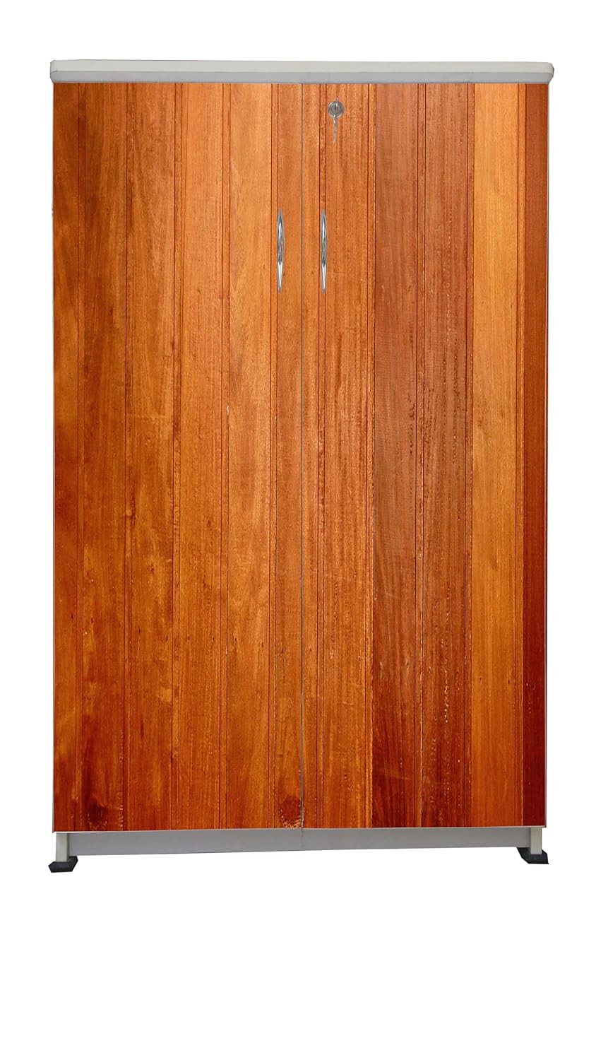 TA Wooden Two-Door Wardrobe with Brown Wood Finish, Lockable Bedroom Storage Cabinet with Metal Handles, Spacious Clothes Organizer Cupboard for Home, Guest Room and Modern Bedroom Furniture