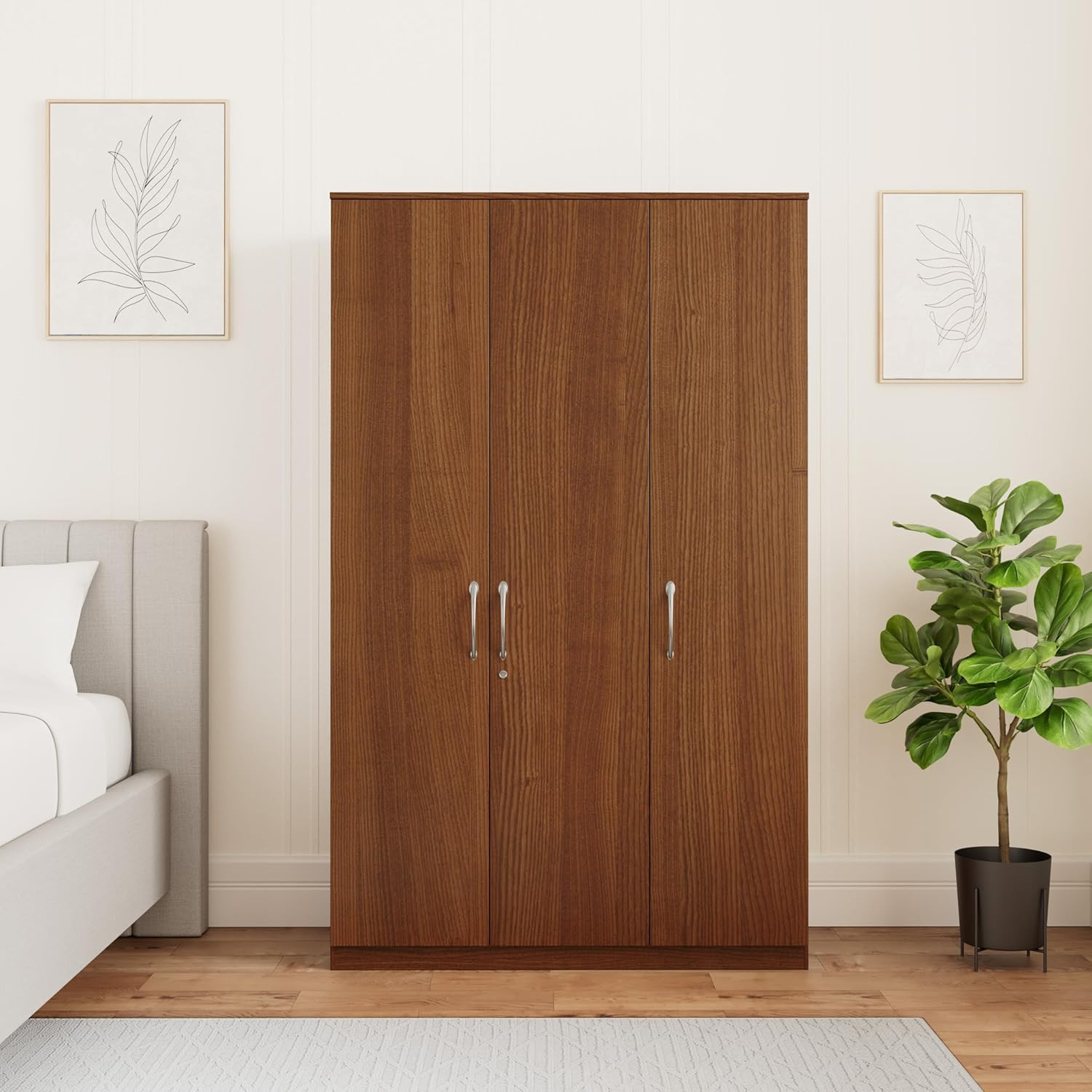 TA   Amazon Brand  Solimo Medusa Engineered Wood 3 Door Wardrobe (Walnut Finish)