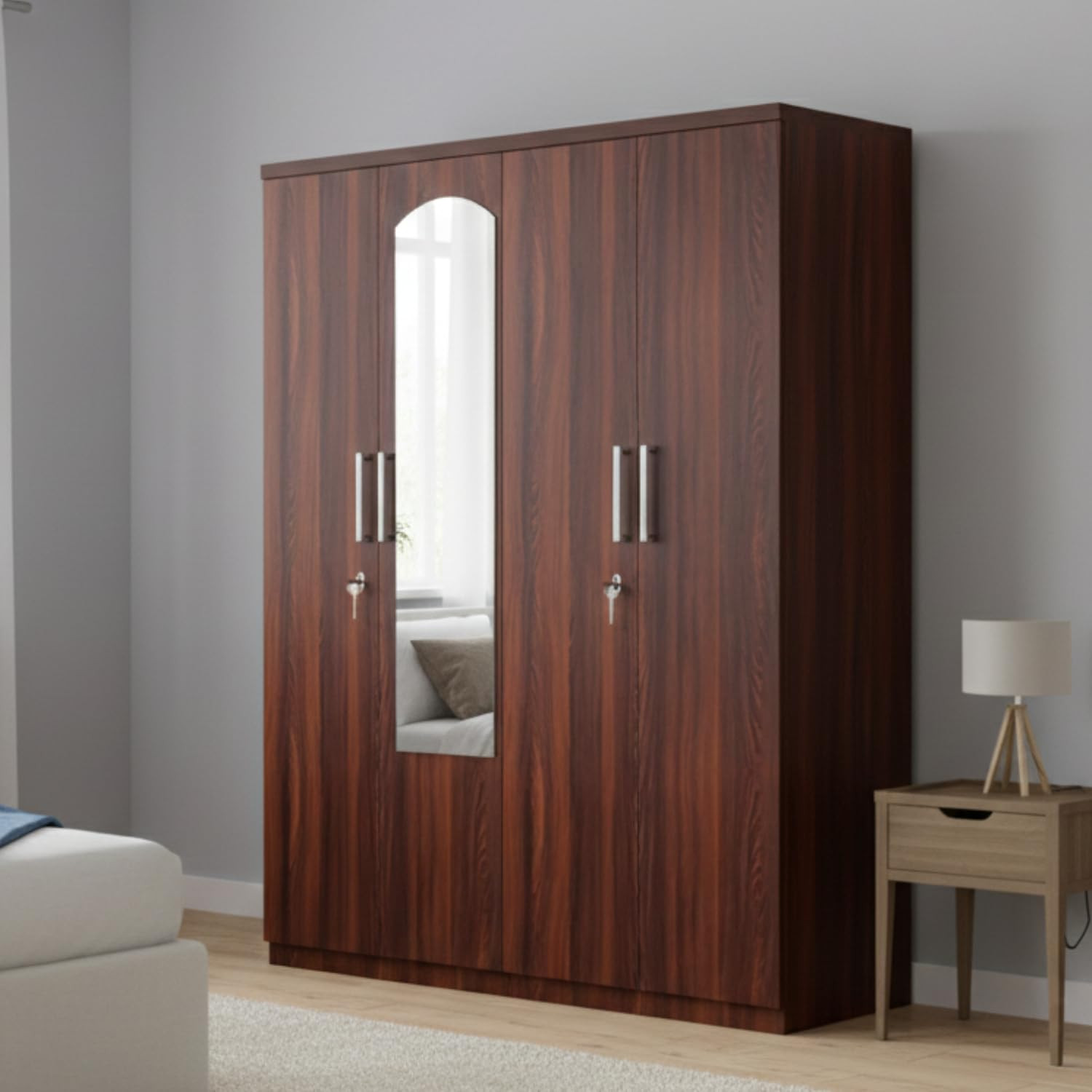 TA CASPIAN Engineered Wood Four Door Wooden Wardrobe (Streak Texture) | Furniture with Dressing Mirror | Cupboard/Almirah for Bedroom Clothes Storage Organizer with 10 Shelves & 4 Key Lock Drawers